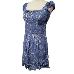 Ocean Drive Junior Girls Blue Floral Smocked Waist Cap Sleeve Dress Size L